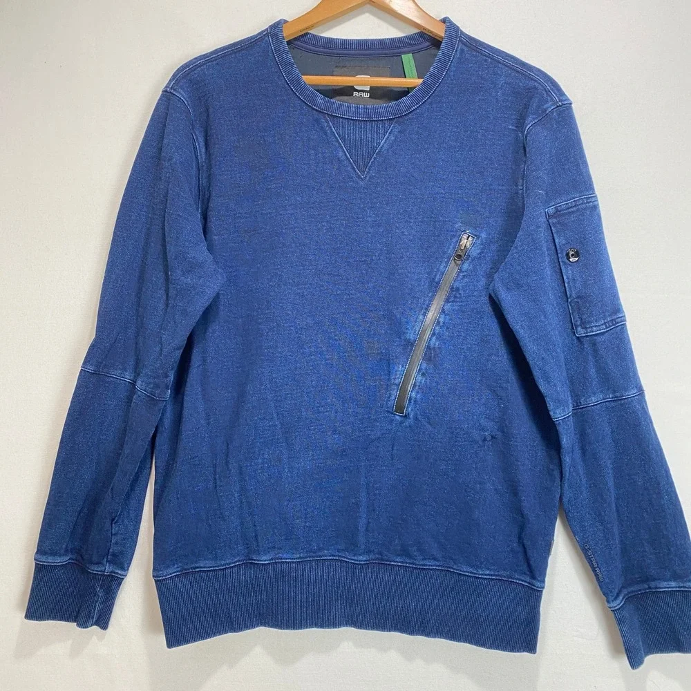 G‎ Star Raw Blue Denim Look Crewneck Sweatshirt Men's Size Medium Distressed